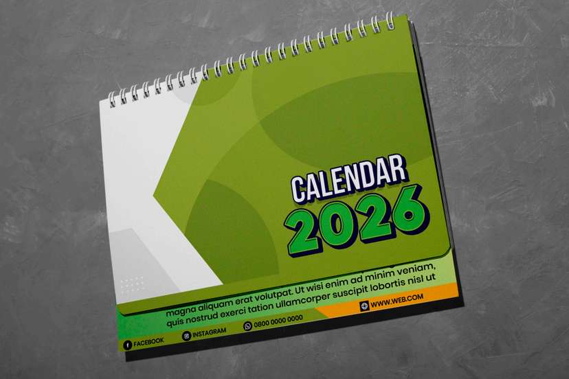 Kalender Meja 2026 Landscape Desain Elegan Hijau dengan Foto & Jadwal Libur Nasional - Image 1