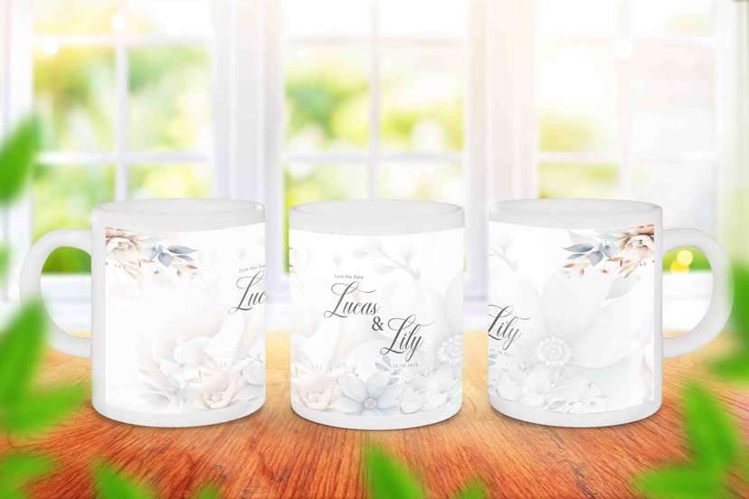 Mug Wedding Souvenir Lucas & Lily Desain Floral Pastel Elegan - Image 1