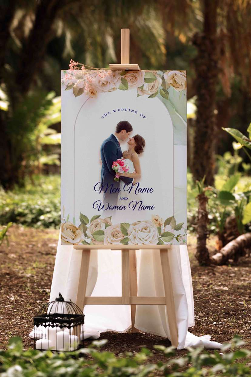 Wedding Welcome Sign Floral Green Pastel Desain Elegan & Romantis - Image 1