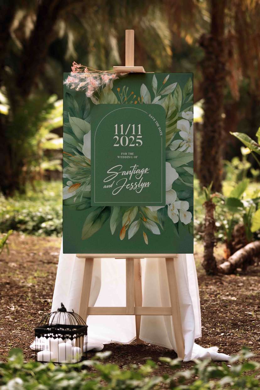 Wedding Welcome Sign Santiago & Jesslyn Desain Botanical Green Elegan - Image 1
