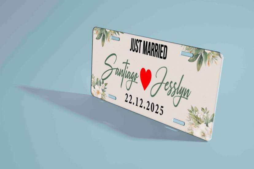 Plat Mobil Wedding “Just Married” Santiago & Jesslyn Desain Botanical Elegan - Image 1