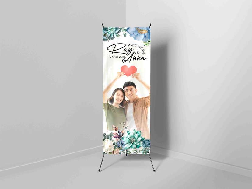 X Banner Wedding Elegant Floral Desain Modern “Ray & Anna” Tema Bunga Biru - Image 1