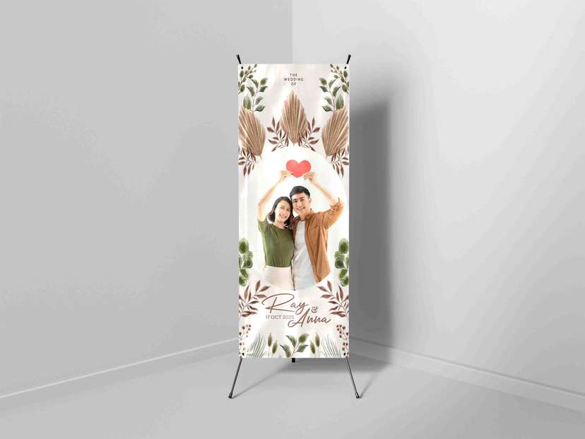 X Banner Wedding Natural Boho Desain Romantis Bernuansa Daun Kering - Image 1