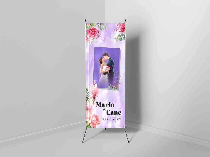 X Banner Wedding Purple Floral Desain Romantis & Ceria untuk Hari Istimewa - Image 1