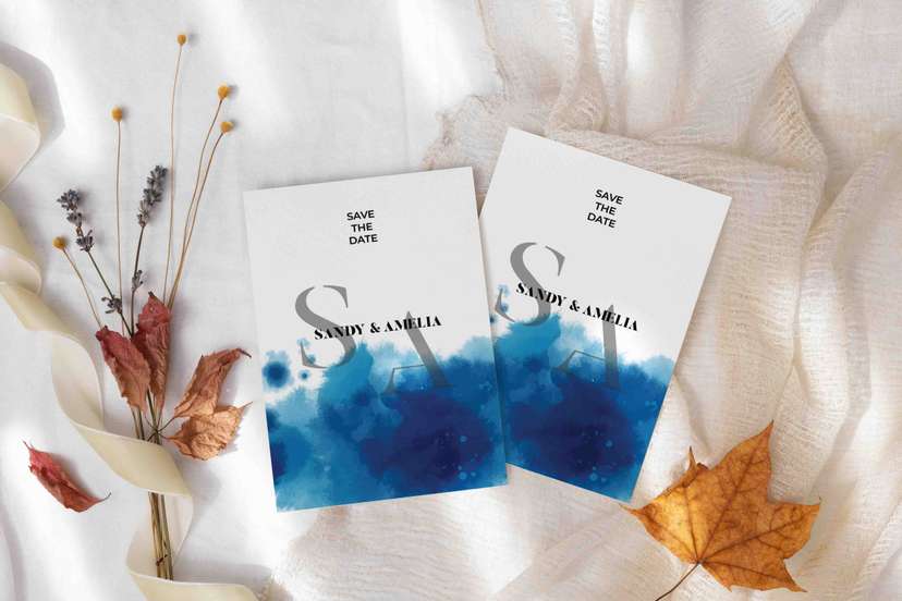 Undangan Pernikahan Elegan Dua Sisi Watercolor Biru Modern - Image 1