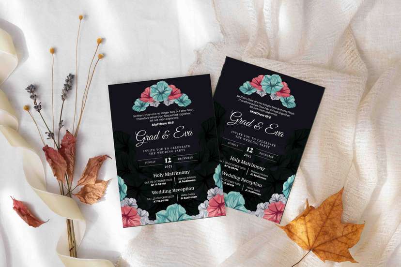 Undangan Pernikahan Elegant Hitam dengan Bunga - Image 2
