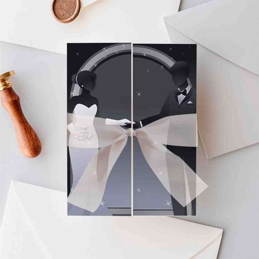 Undangan Pernikahan Lipat Tiga Black Silver Arch Desain Glamour & Elegan untuk Momen Sakral - Image 1