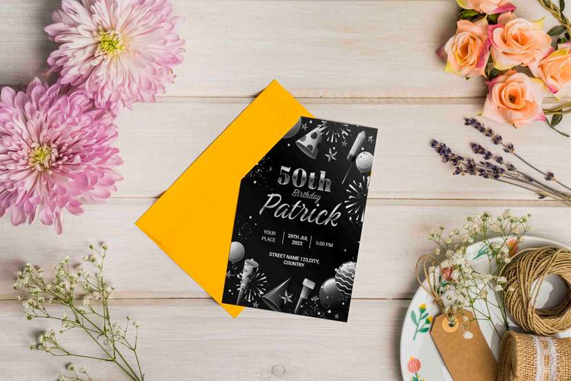 Undangan Ulang Tahun 50 Tahun Patrick – Desain Hitam Elegan dengan Nuansa Silver Glam - Image 1