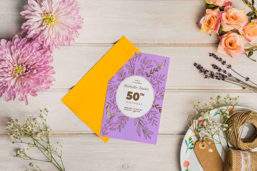 Undangan Ulang Tahun ke-50 Desain Ungu Lembut dengan Nuansa Floral Elegan - Image 1