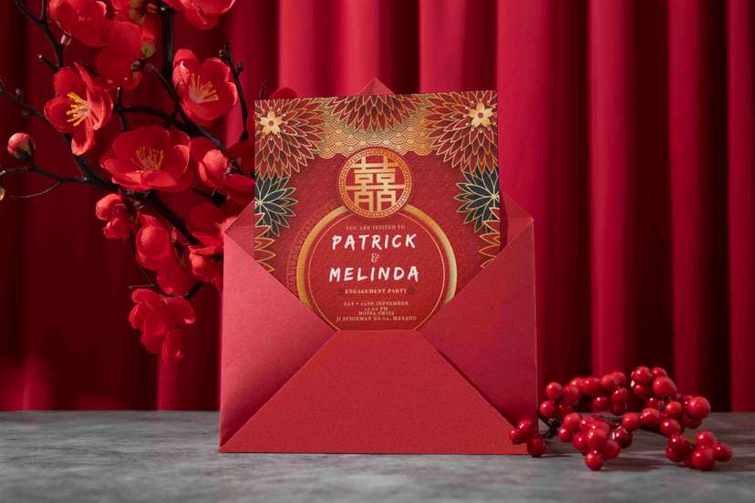Undangan Tunangan Desain Oriental Merah Emas Penuh Keberuntungan dan Cinta - Image 1