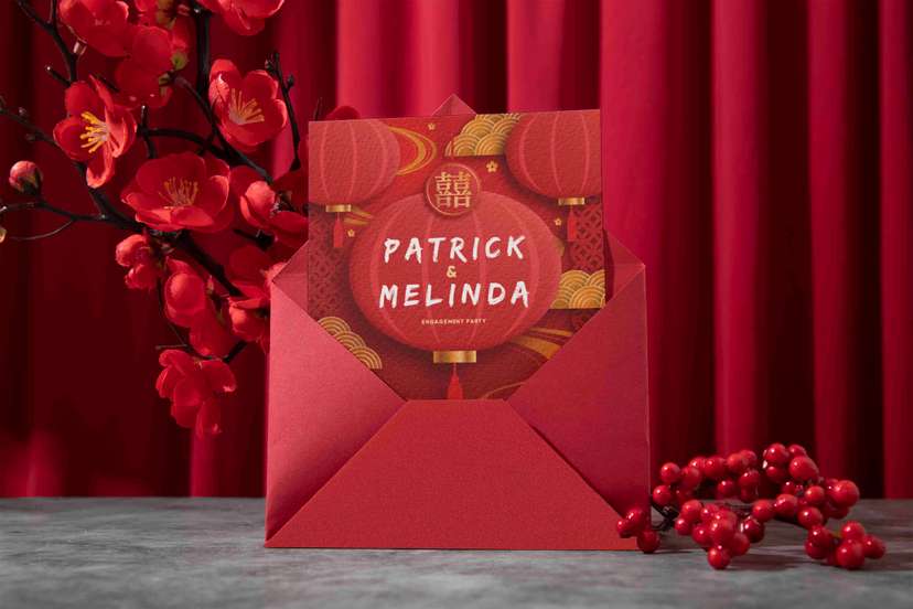 Undangan Tunangan Desain Lentera Merah Oriental yang Penuh Cinta dan Keberuntungan - Image 1