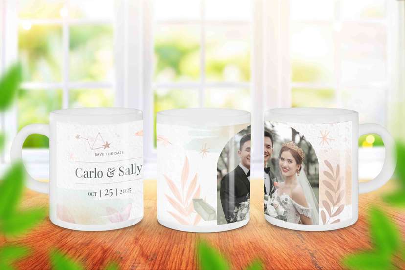 Mug Souvenir Pernikahan Carlo & Sally Desain Modern Pastel  - Image 1