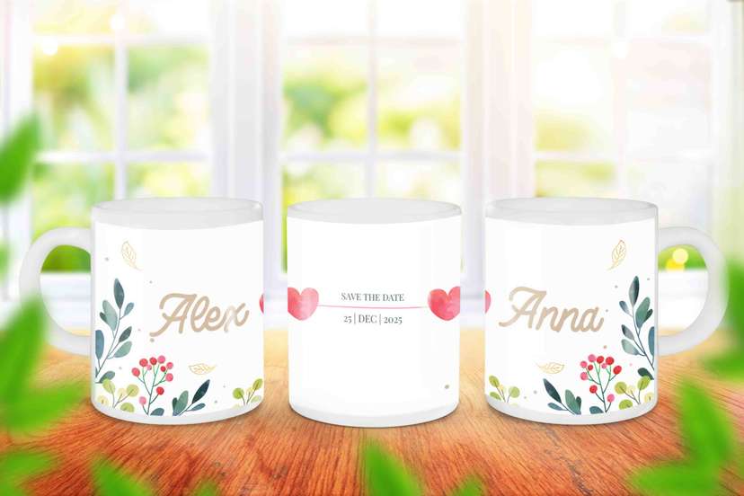 Mug Souvenir Pernikahan Desain Floral Romantis dengan Nuansa Cinta Natal - Image 1