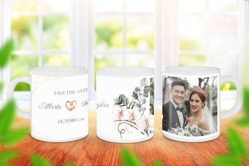 Mug Souvenir Pernikahan Elegan Desain Foto & Nama Pasangan - Image 1
