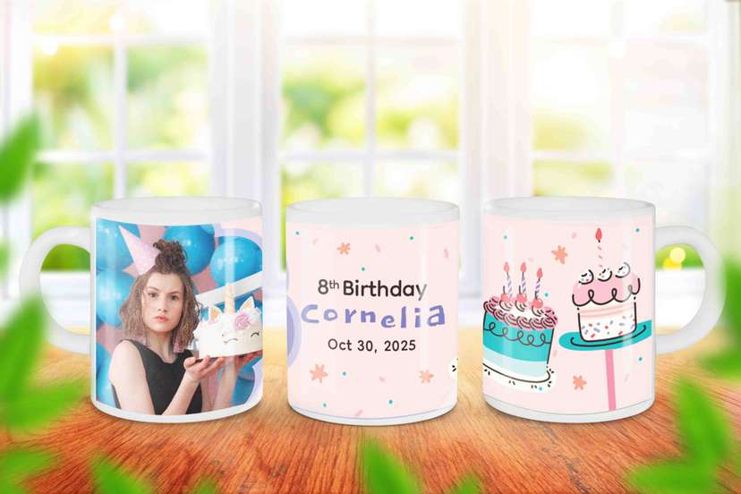 Mug Souvenir Ulang Tahun Anak dengan Foto dan Cake - Image 1