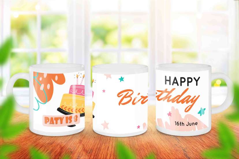 Mug Souvenir Ulang Tahun dengan Cake dan Bunga Orange - Image 1