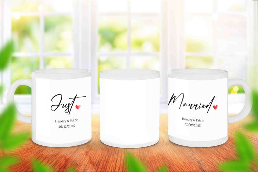 Mug Souvenir Just Married Dengan Tulisan Simpe  - Image 1