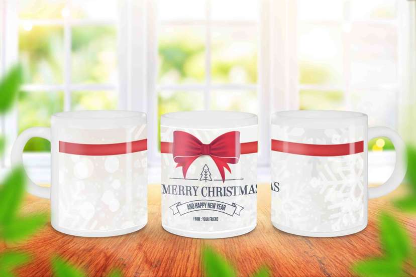 Mug Natal dan Tahun Baru Souvenir Untuk Kenalan Desain Pita Merah - Image 1