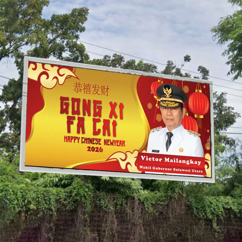 Baliho Imlek Gong Xi Fa Cai Sambut Tahun Baru China 2026 Gold Merah Lampion - Image 1