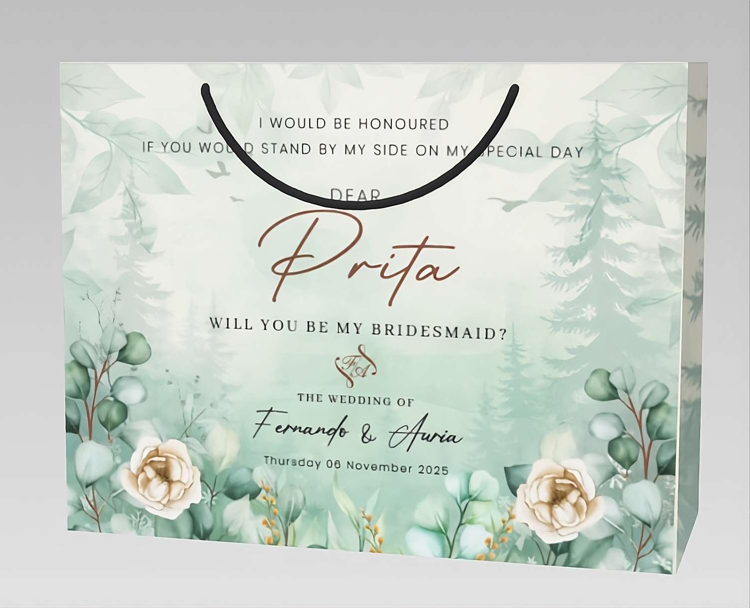 Wedding Gift Paper Bag Bridesmaid Invitation Elegant Green Floral - Image 1