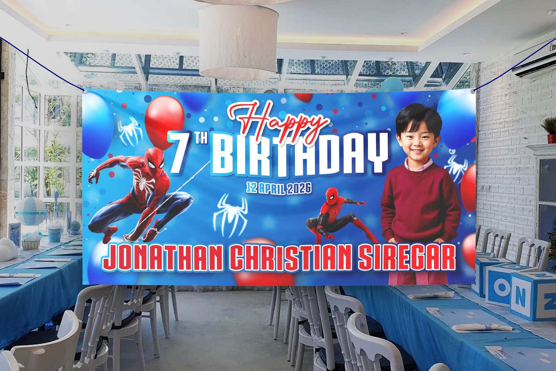 Banner Ulang Tahun Anak Tema Spider Man Biru Merah Fun Colorful – Custom Nama & Usia - Image 1