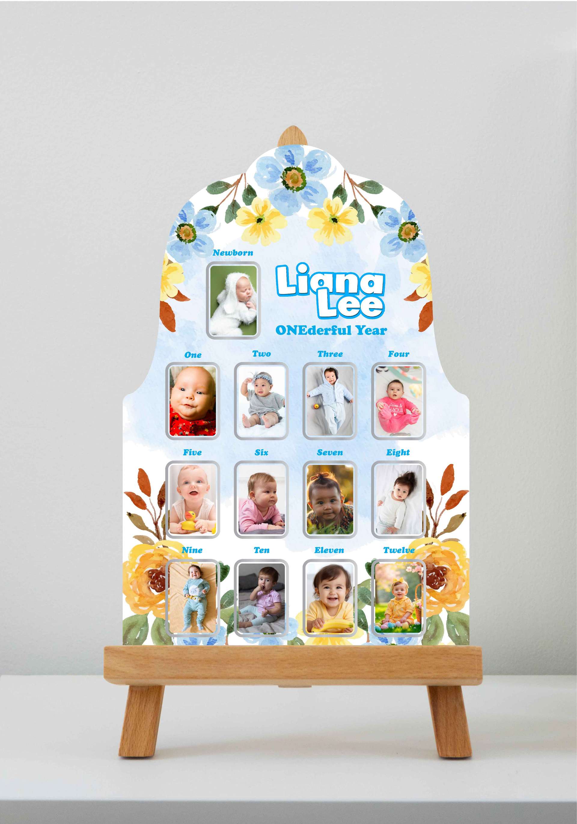 Baby Milestone Board OneDerful Year Floral Pastel Custom Nama & Foto - Image 1