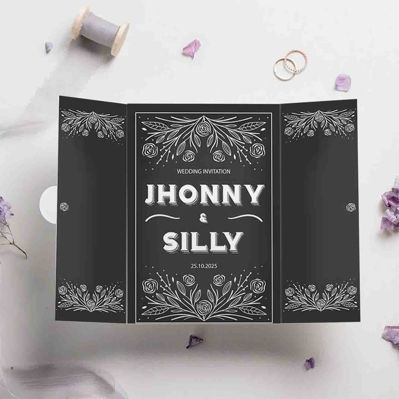 Undangan Pernikahan Lipat Tiga Black Elegant Desain Klasik & Mewah untuk Hari Istimewa