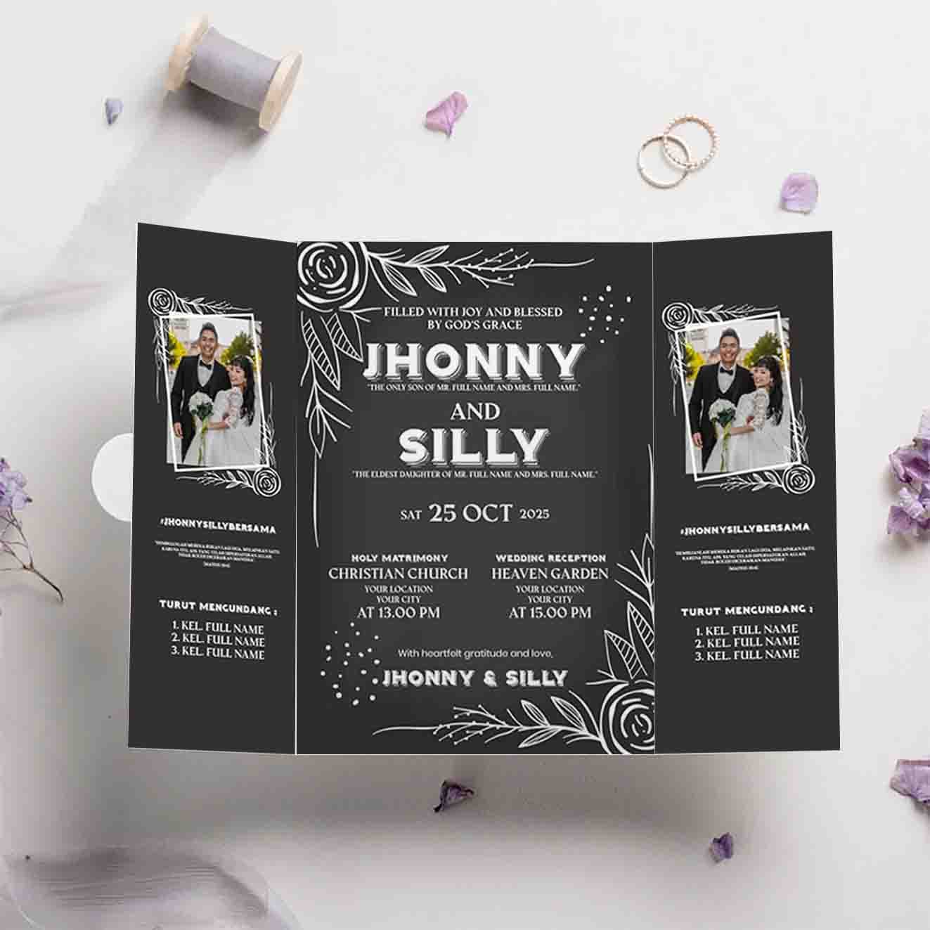 Undangan Pernikahan Lipat Tiga Black Elegant Desain Klasik & Mewah untuk Hari Istimewa - Back