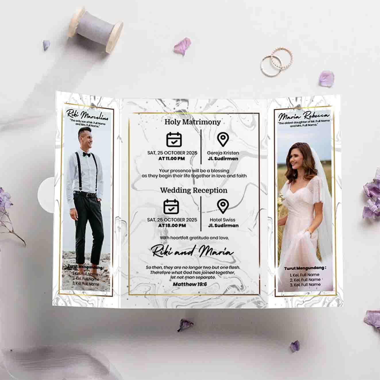 Undangan Pernikahan Lipat Tiga Marble Gold Desain Mewah & Modern untuk Hari Bahagia - Back