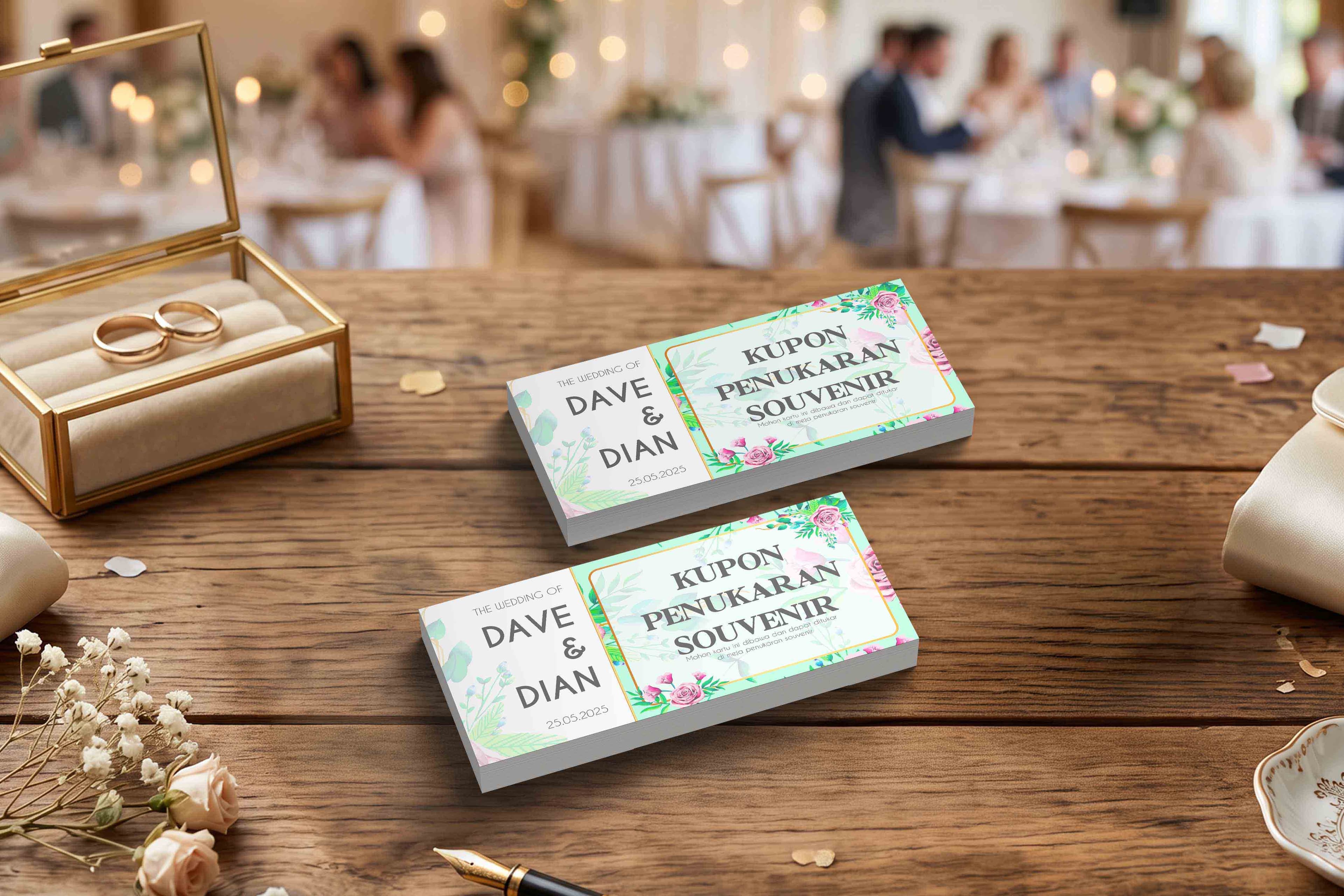 Kupon Penukaran Souvenir Acara Wedding Dengan Tema Warna Hijau Bunga