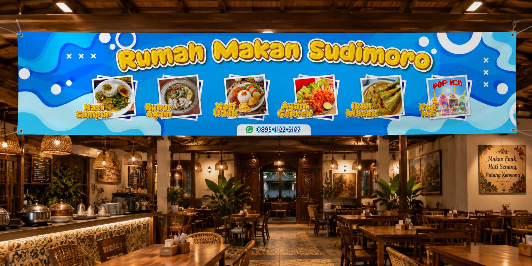 Banner Rumah Makan Biru– Desain Baliho Kuliner Modern Tradisional Full Color