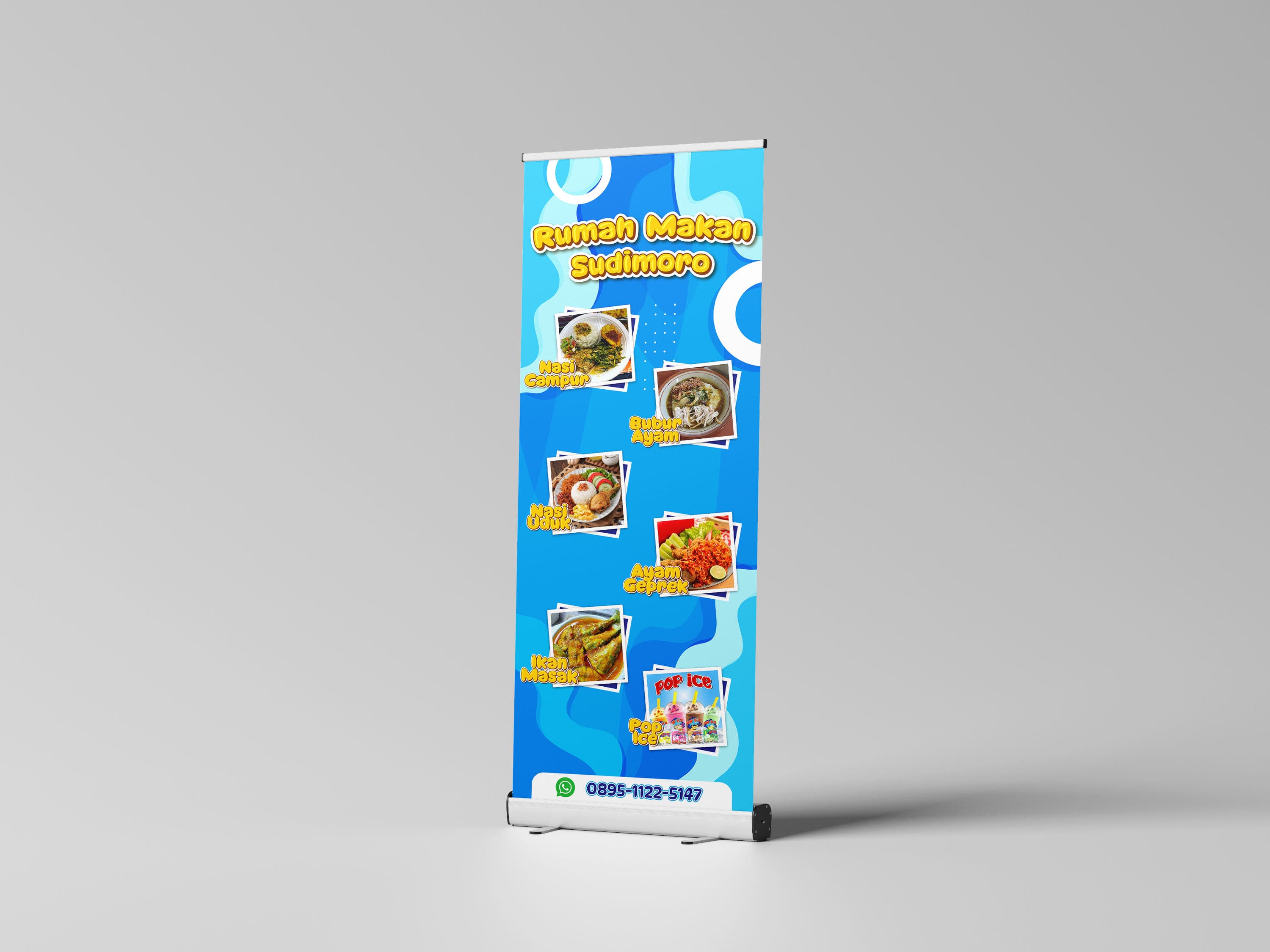 Roll Up Banner Rumah Makan Full Color– Banner Kuliner Modern Minimalis Blue