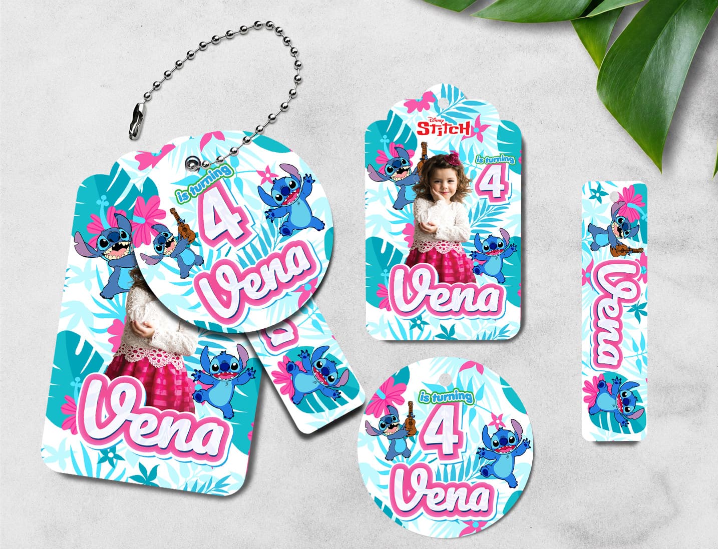 Hang Tag Ulang Tahun 3 in 1 Tema Stitch Custom – Tag Nama, Stiker Bulat & Gelang Identitas Birthday Party