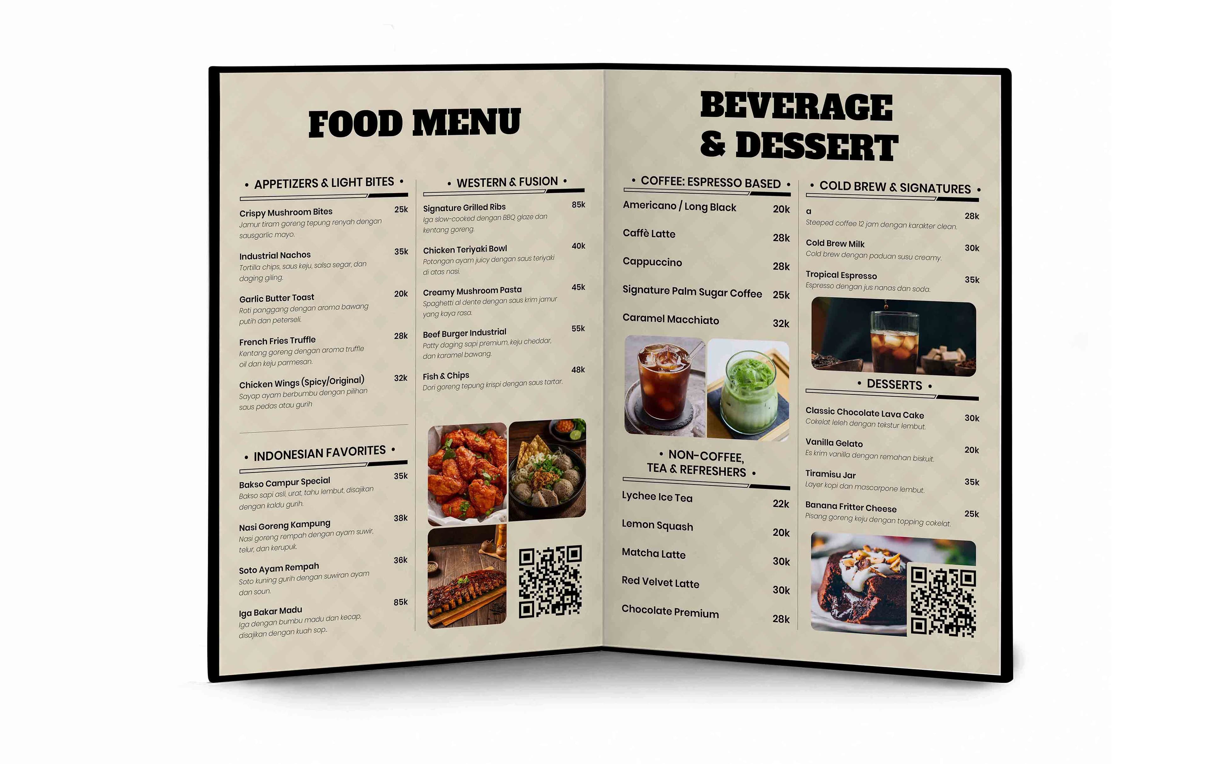 Menu Restorant Hard Cover Lipat 2 Sisi Simple Dengan Warna Krem Hitam