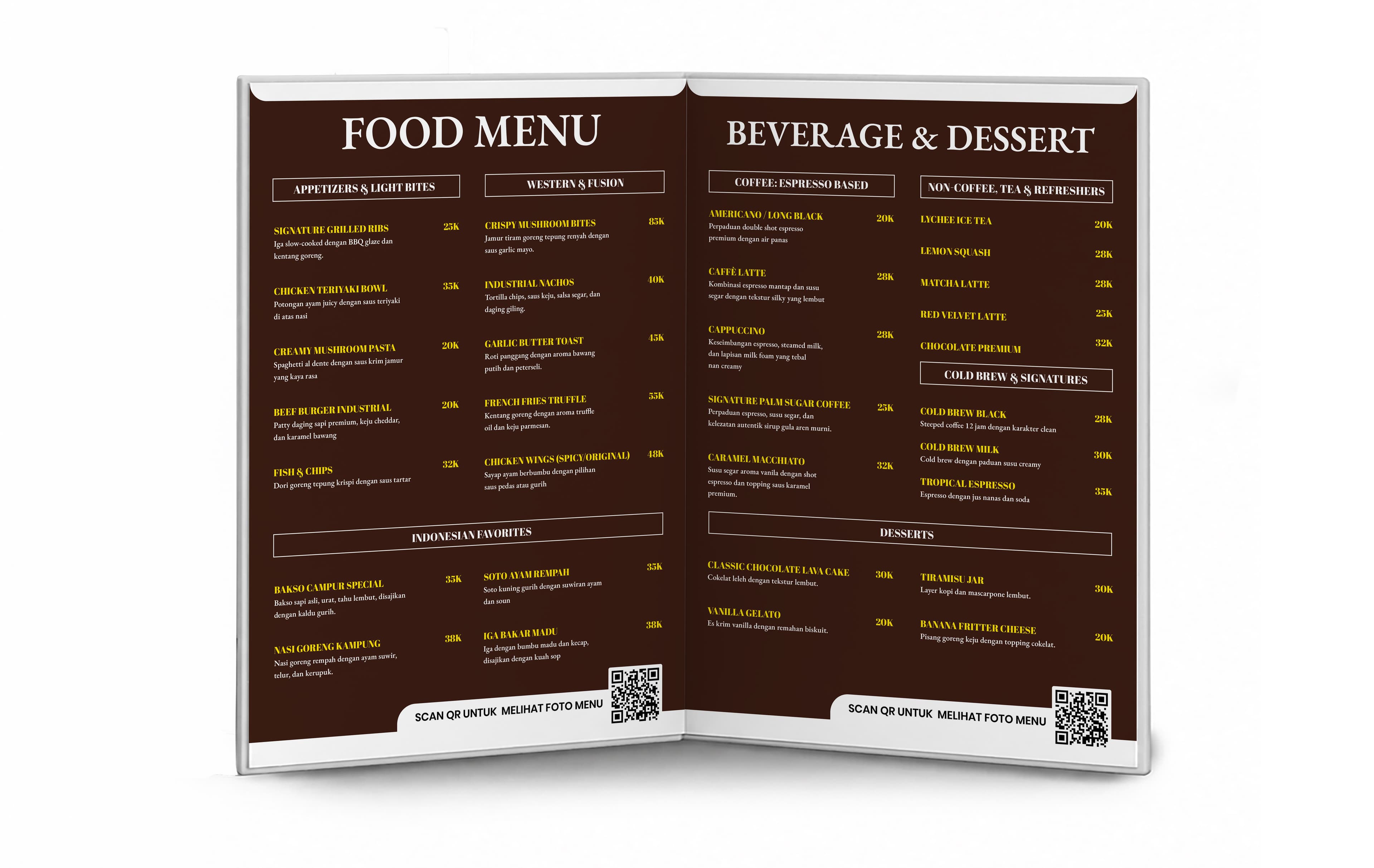 Menu Restorant Hard Cover Lipat 2 Sisi Simple Dengan Warna Dominan Putih Coklat
