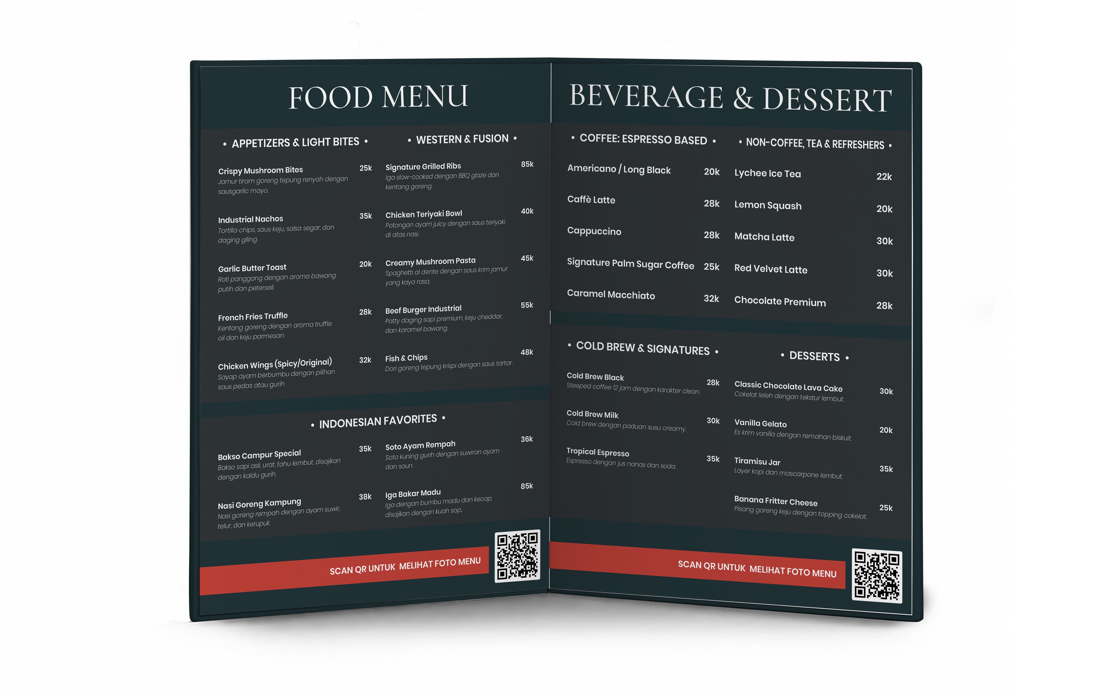Menu Restorant Hard Cover Lipat 2 Sisi Simple Dengan Warna Dominan Biru Tua