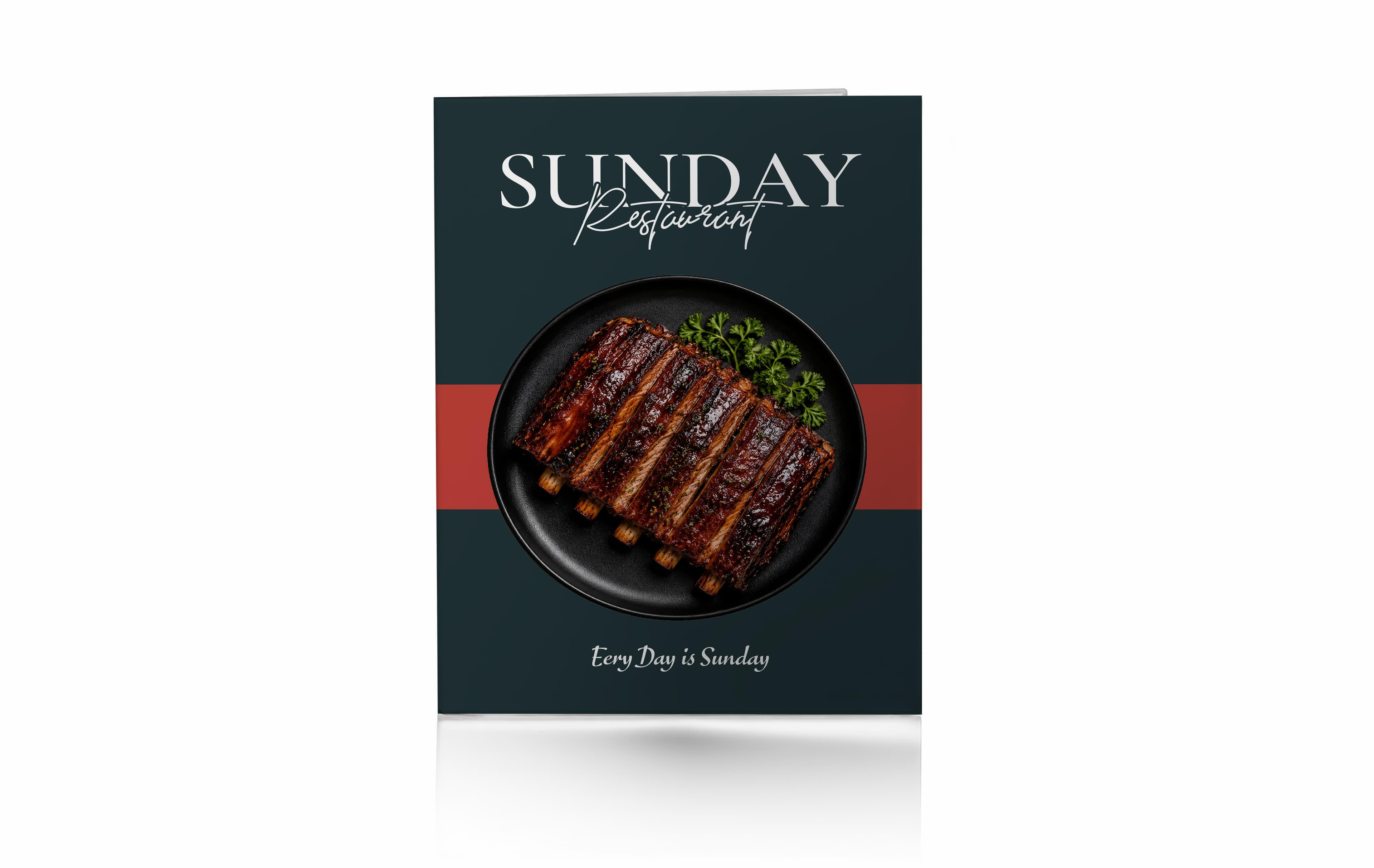 Menu Restorant Hard Cover Lipat 2 Sisi Simple Dengan Warna Dominan Biru Tua