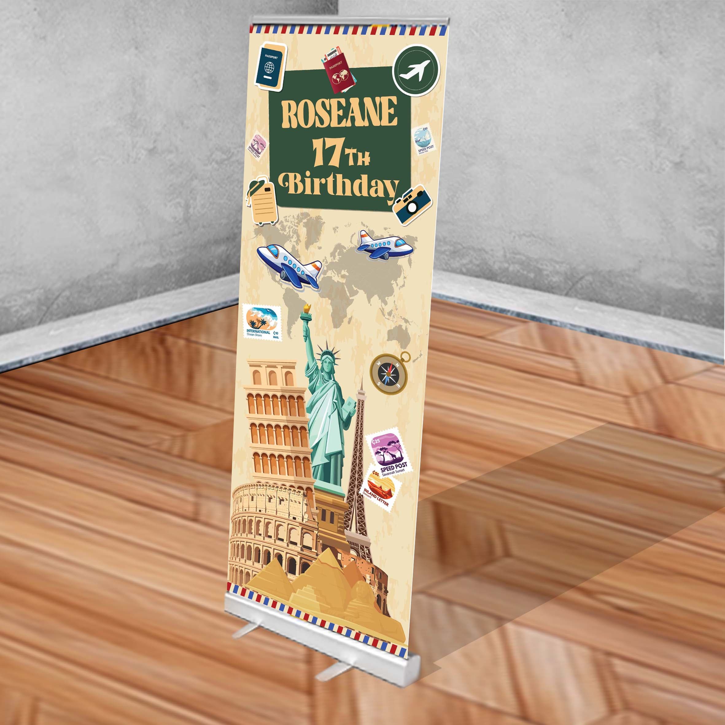 Roll Up Banner Ulang Tahun Tema  Travel Perjalanan Dunia