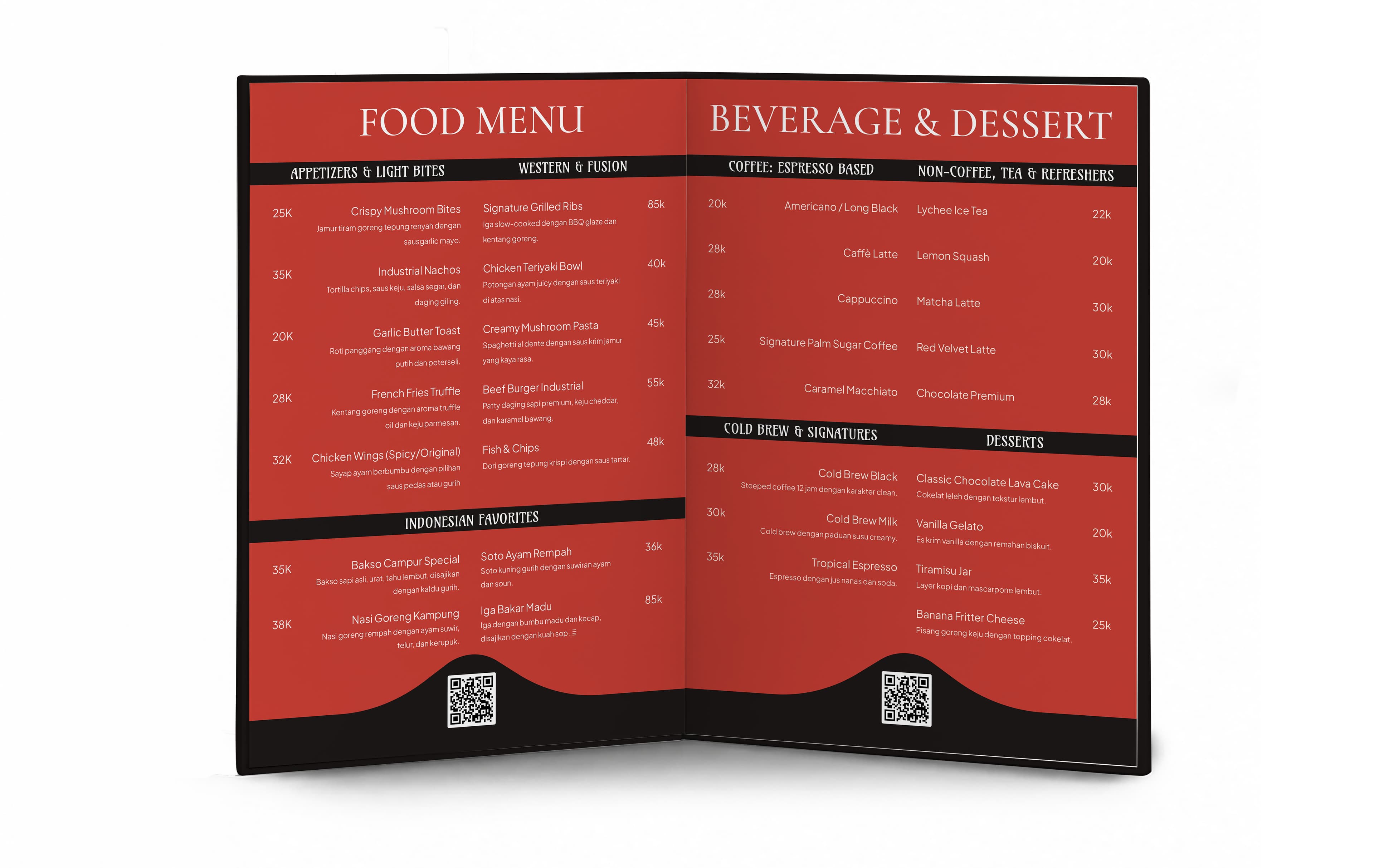 Menu Restorant Hard Cover Lipat 2 Sisi Simple Dengan Warna Dominan Merah Hitam