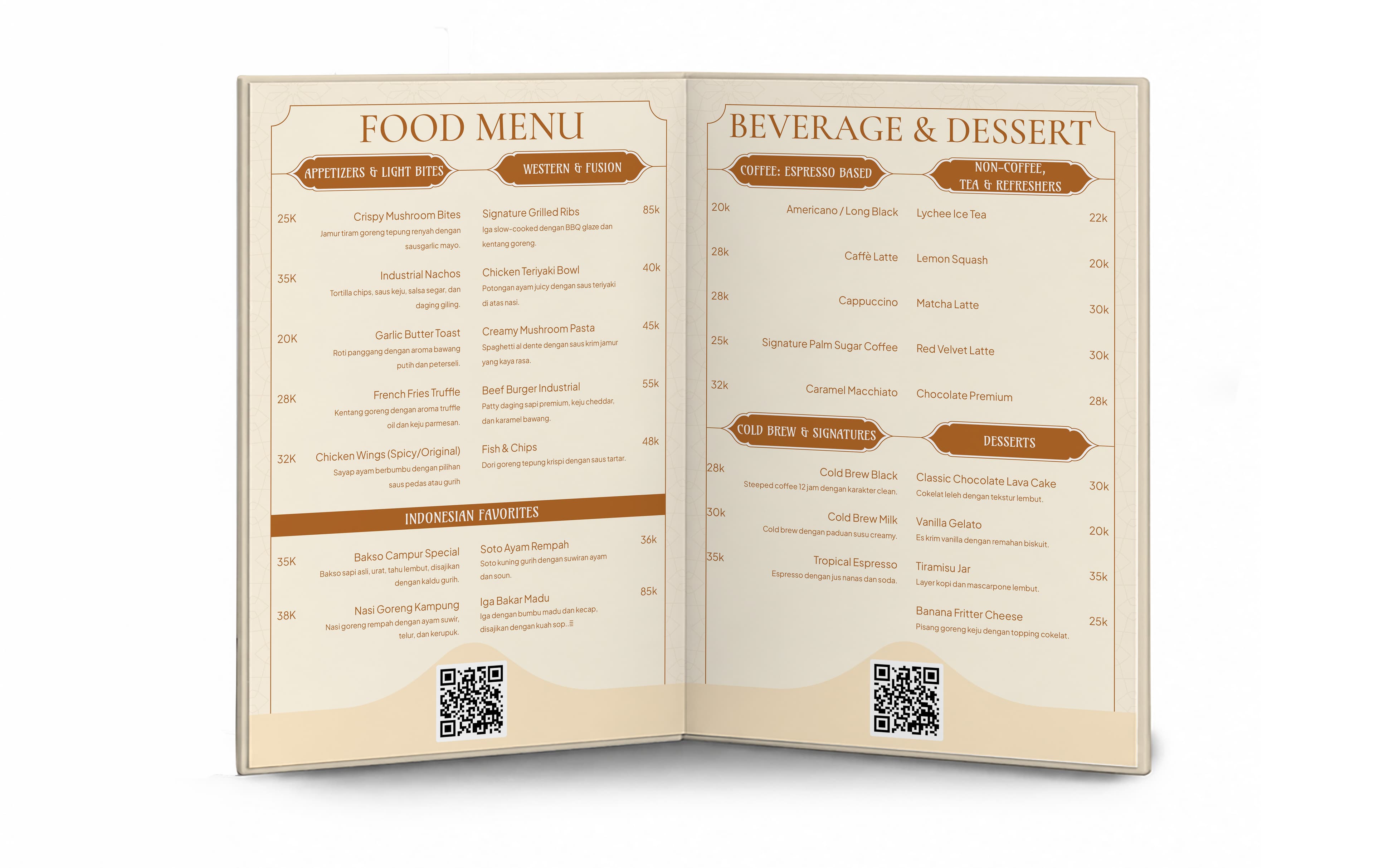 Menu Restorant Hard Cover Lipat 2 Sisi Simple Dengan Warna Dominan Krem Coklat