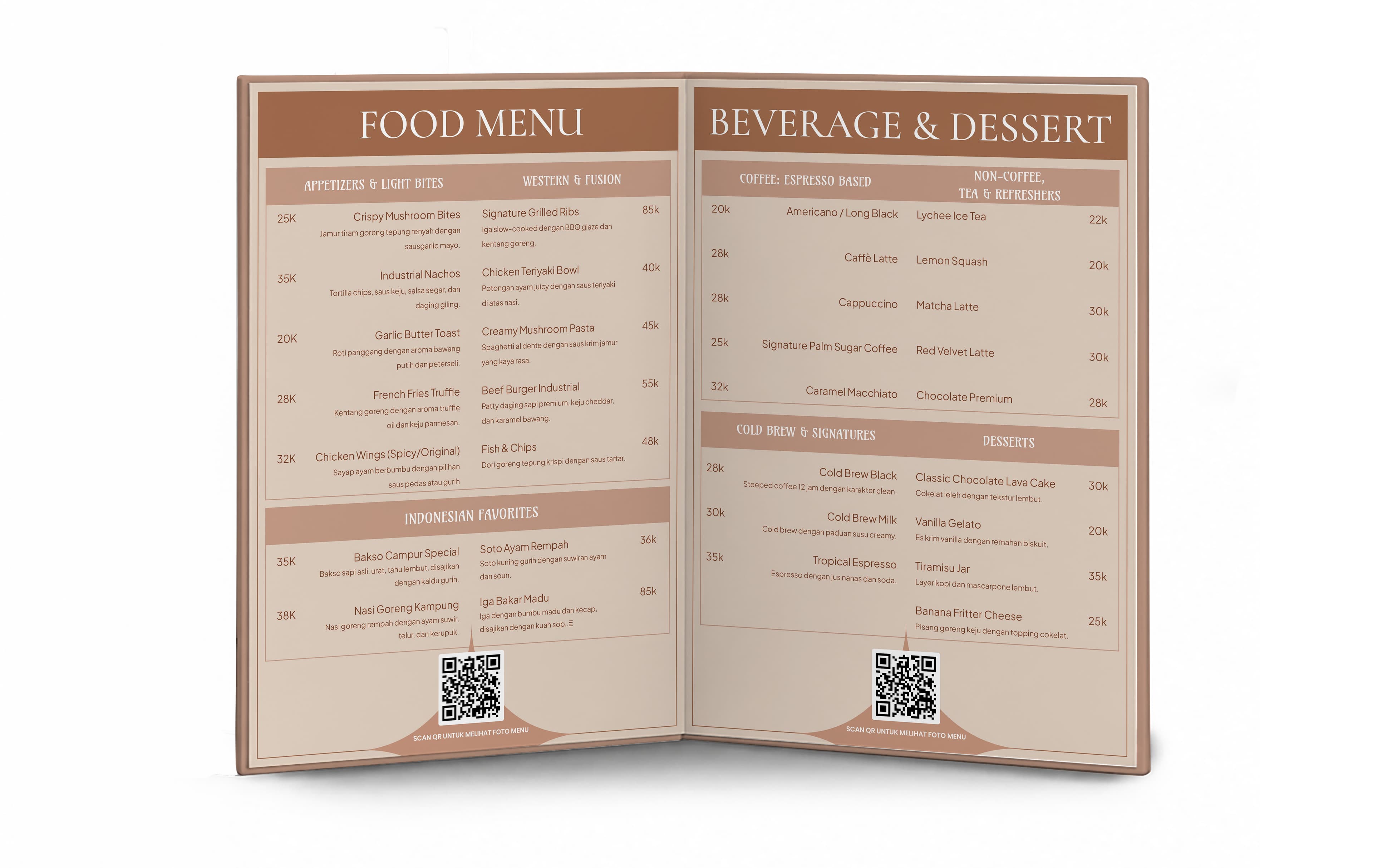 Menu Restorant Hard Cover Lipat 2 Sisi Simple Dengan Warna Dominan Coklat Muda