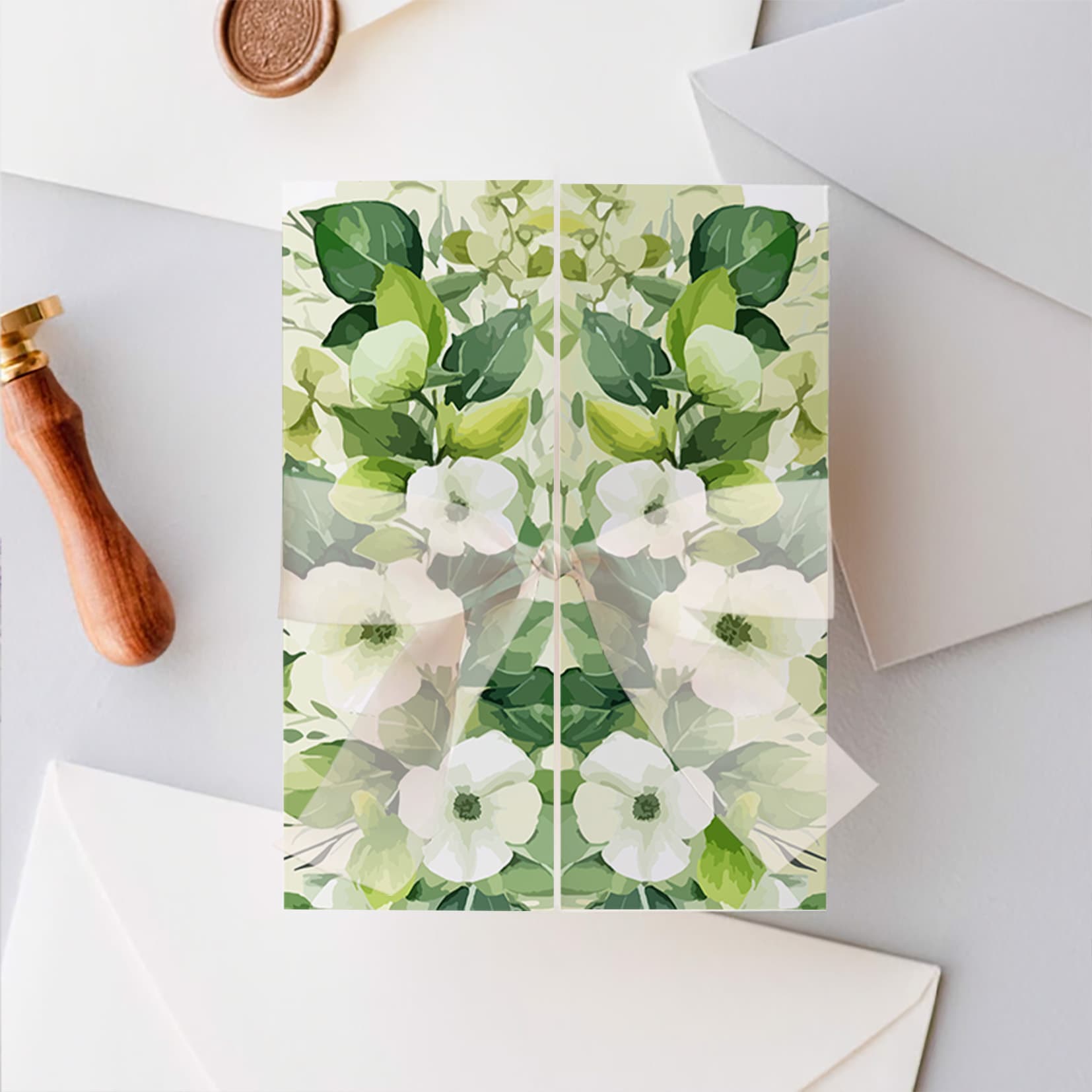 Undangan Pernikahan Lipat Tiga Tema Floral Hijau Elegan Custom Foto