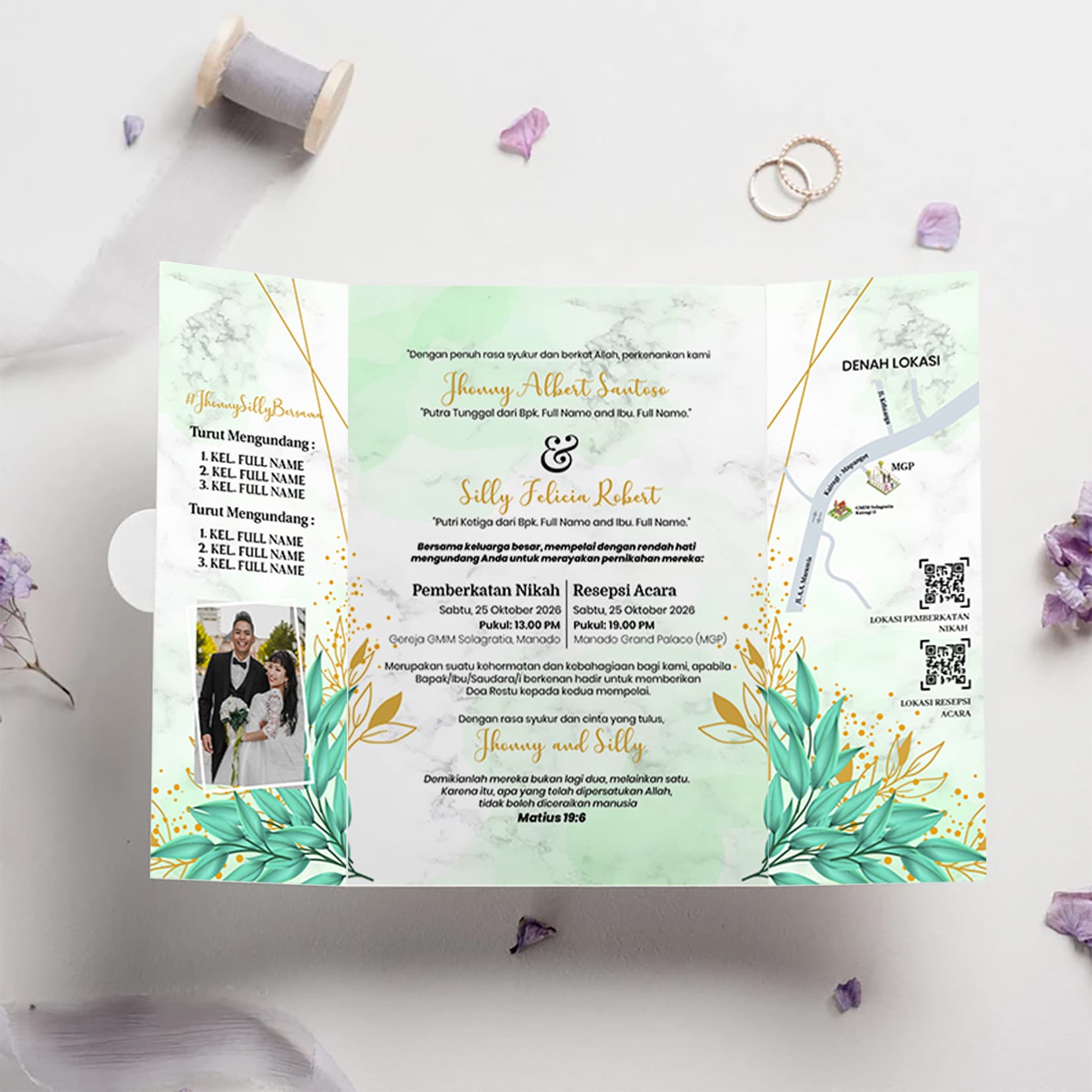 Undangan Pernikahan Lipat Tiga Tema Floral Hijau Elegan Custom Foto - Back