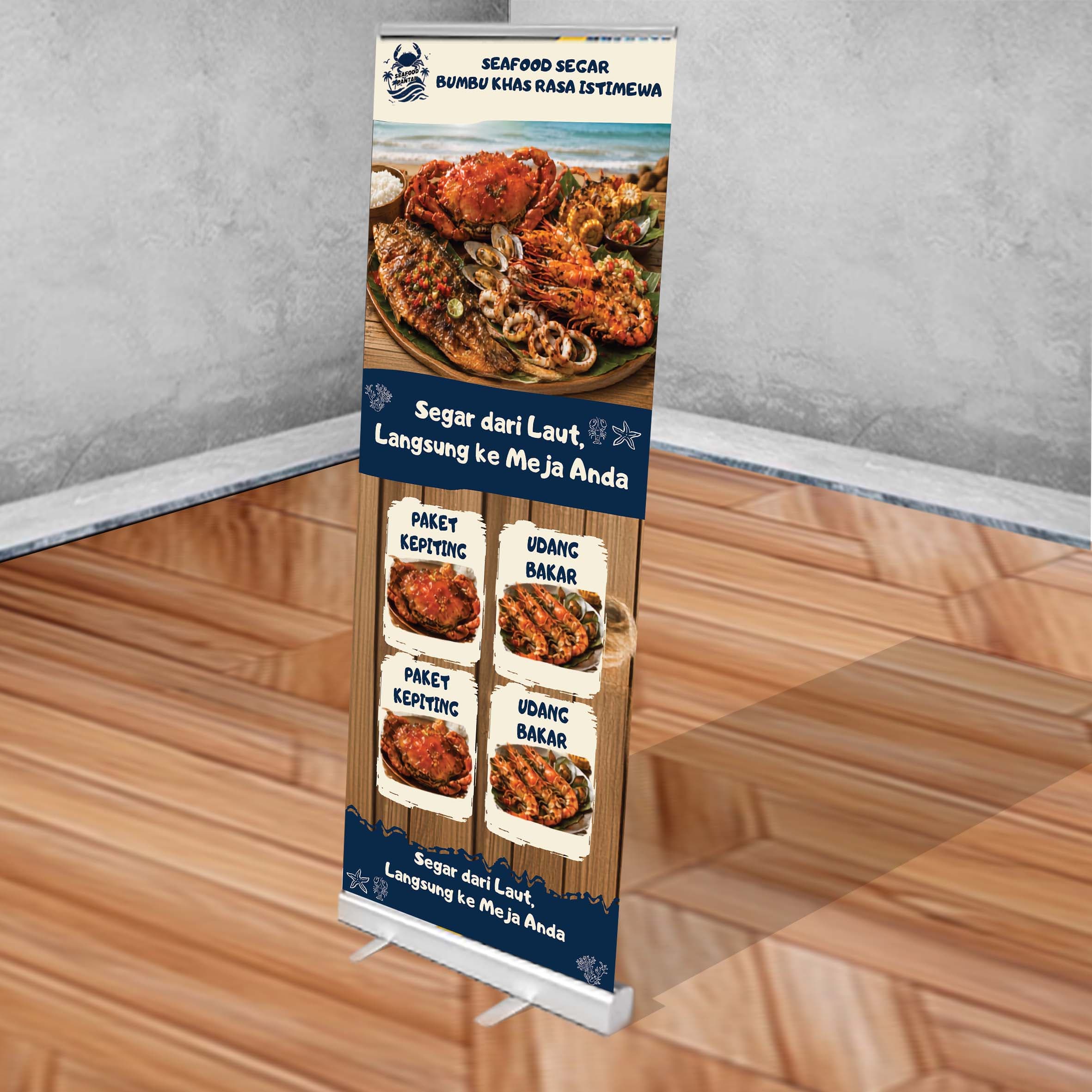 Roll Banner UMKM Tema Seafood Biru Cream Dengan 4 Menu Utama