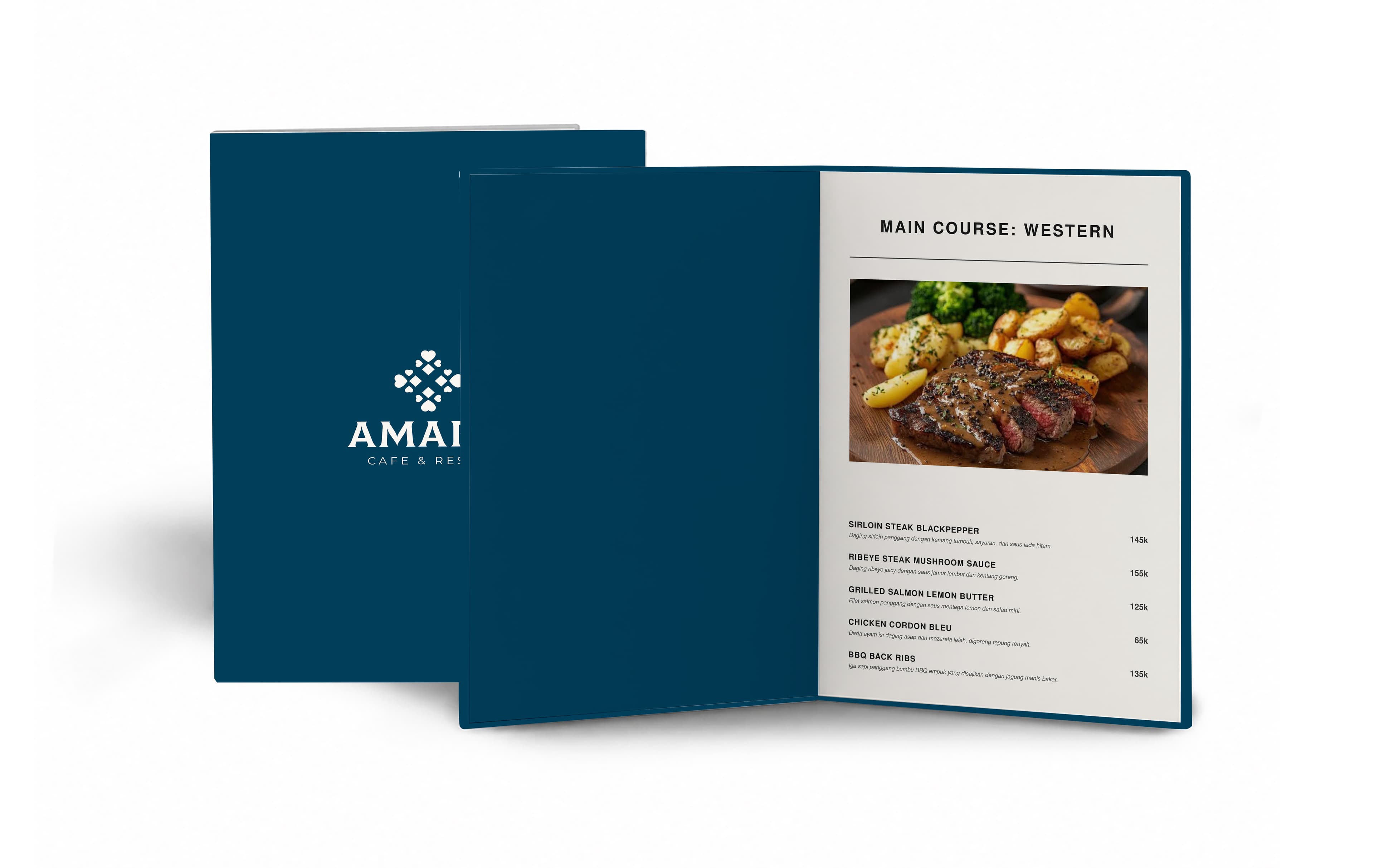 Buku Menu Restorant Hard Cover Lipat 2 Sisi Simple Dengan Warna Biru Putih
