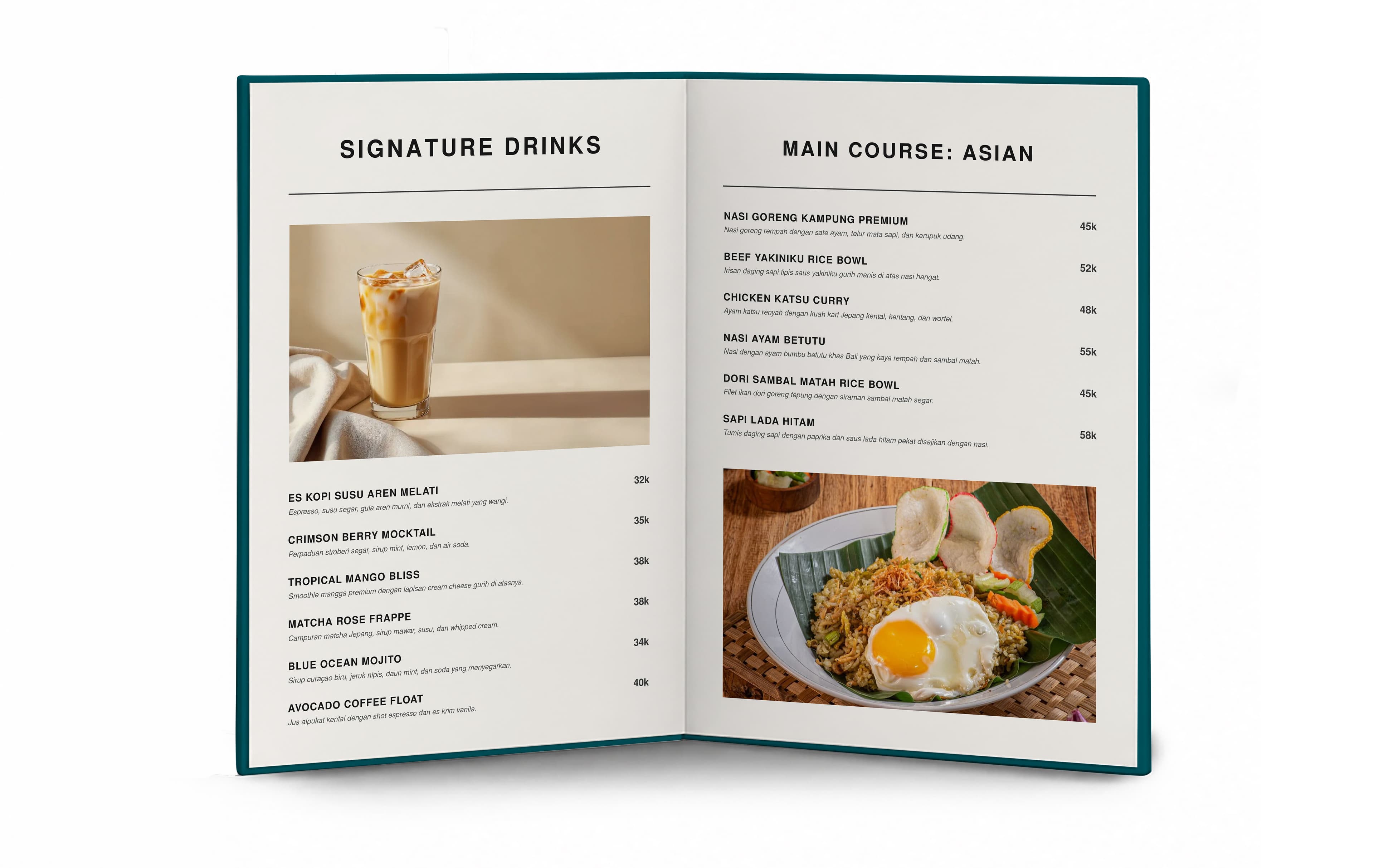 Buku Menu Restorant Hard Cover Lipat 2 Sisi Simple Dengan Warna Biru Putih - Back