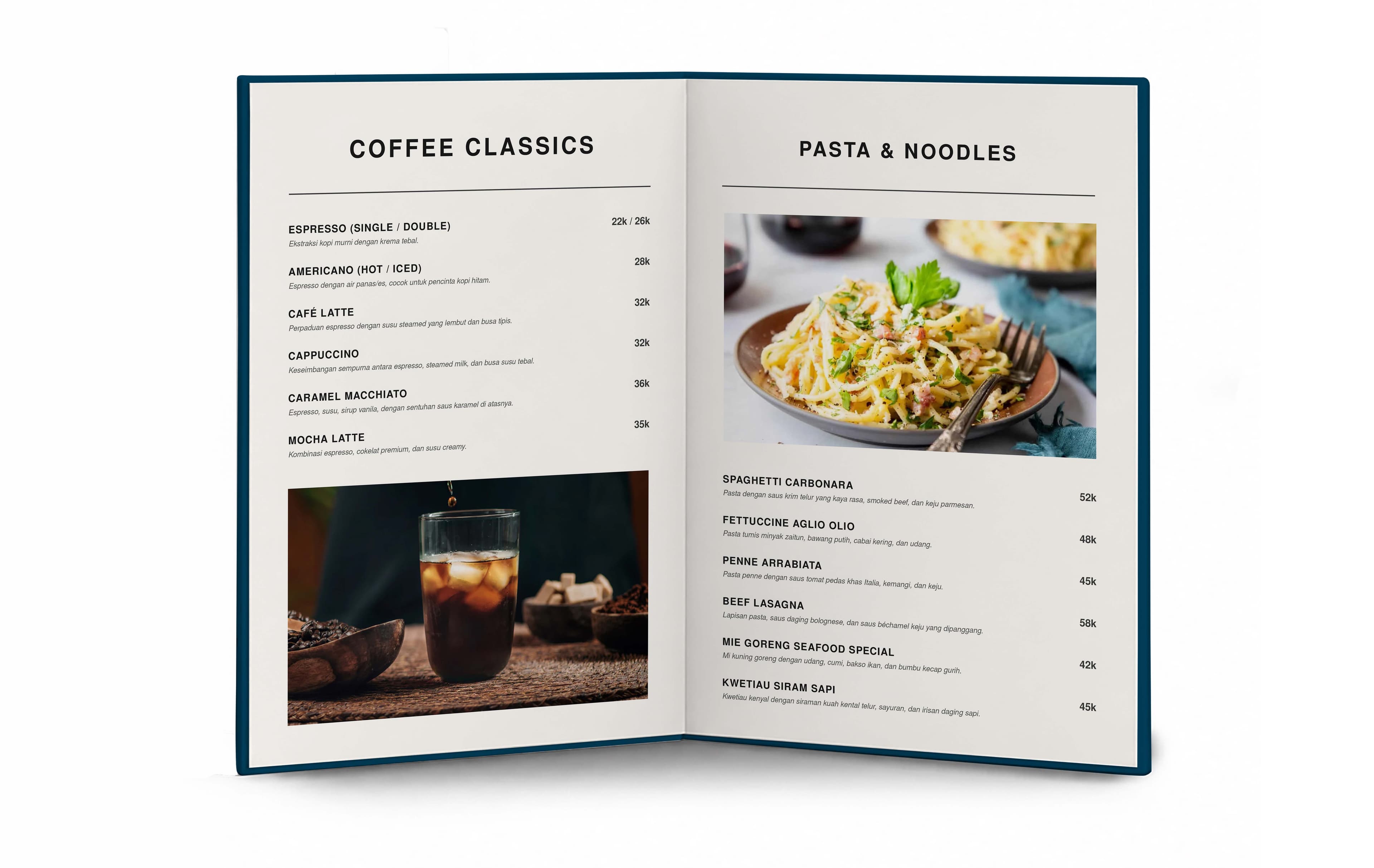Buku Menu Restorant Hard Cover Lipat 2 Sisi Simple Dengan Warna Biru Putih