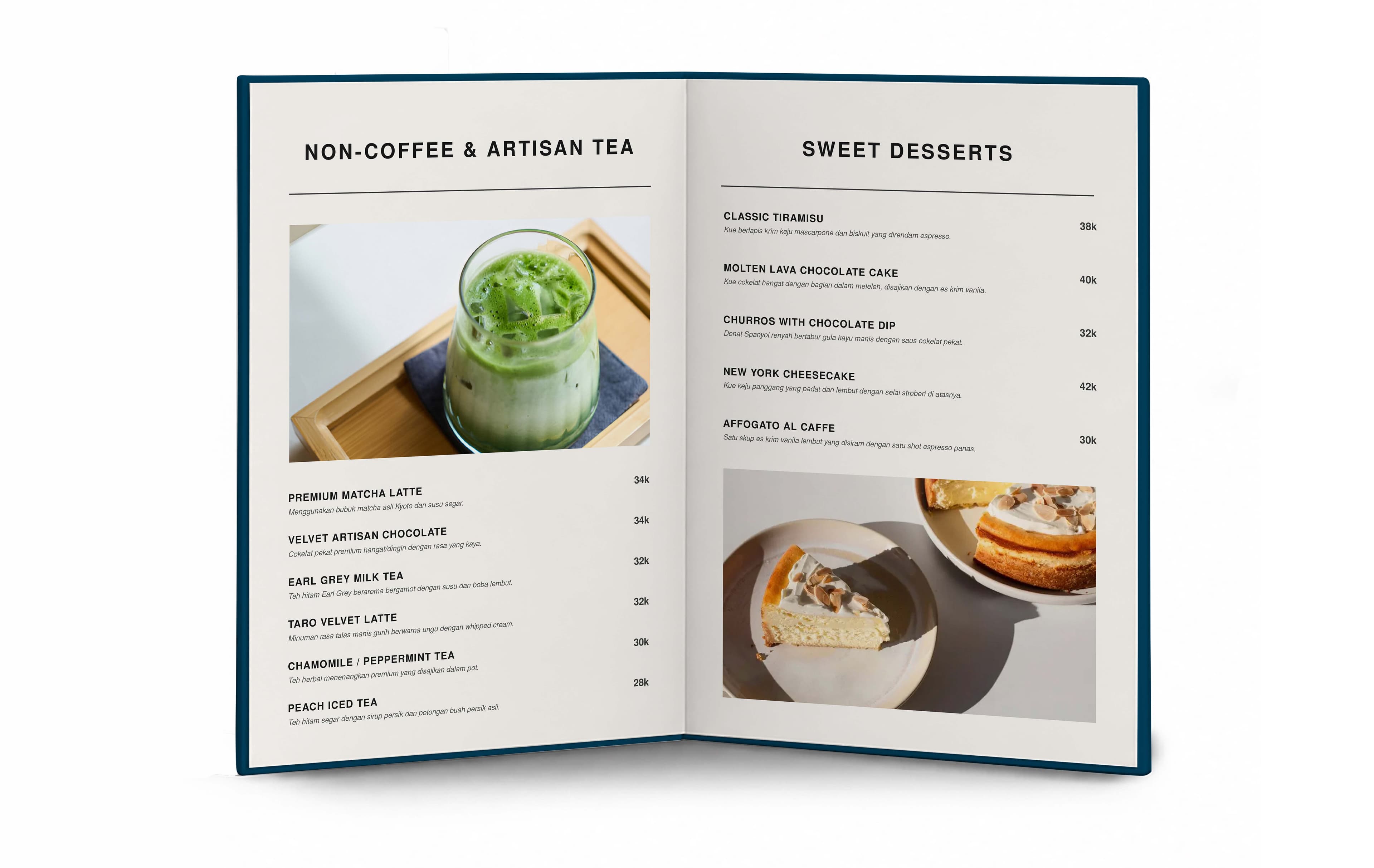 Buku Menu Restorant Hard Cover Lipat 2 Sisi Simple Dengan Warna Biru Putih