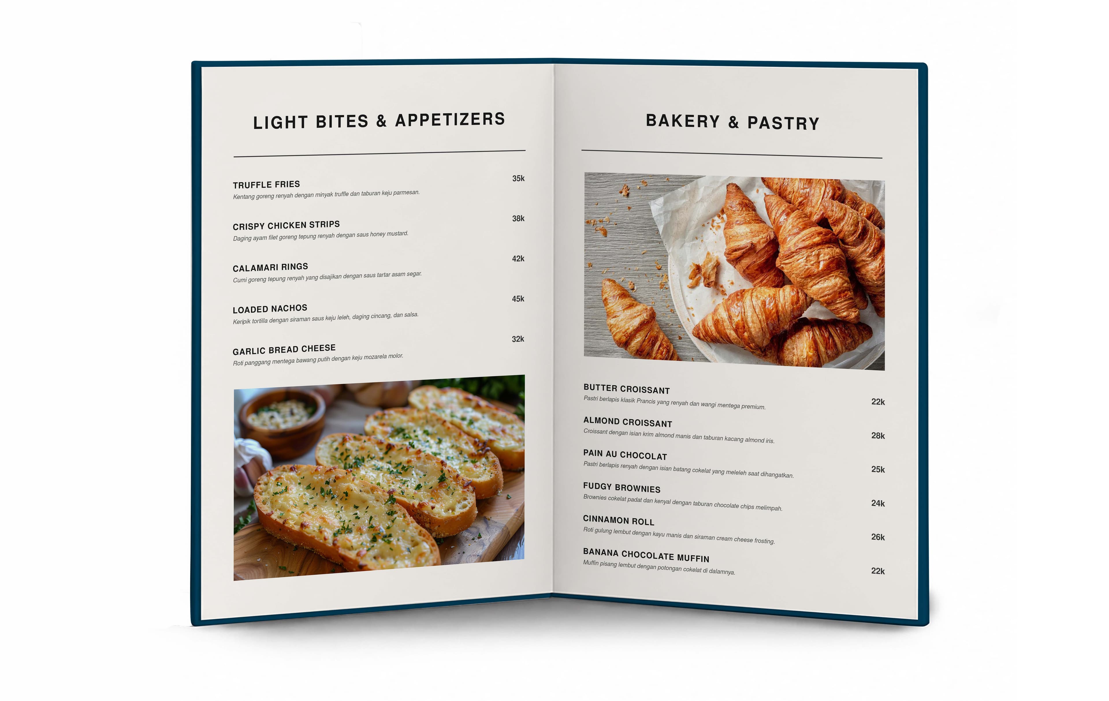 Buku Menu Restorant Hard Cover Lipat 2 Sisi Simple Dengan Warna Biru Putih - Back