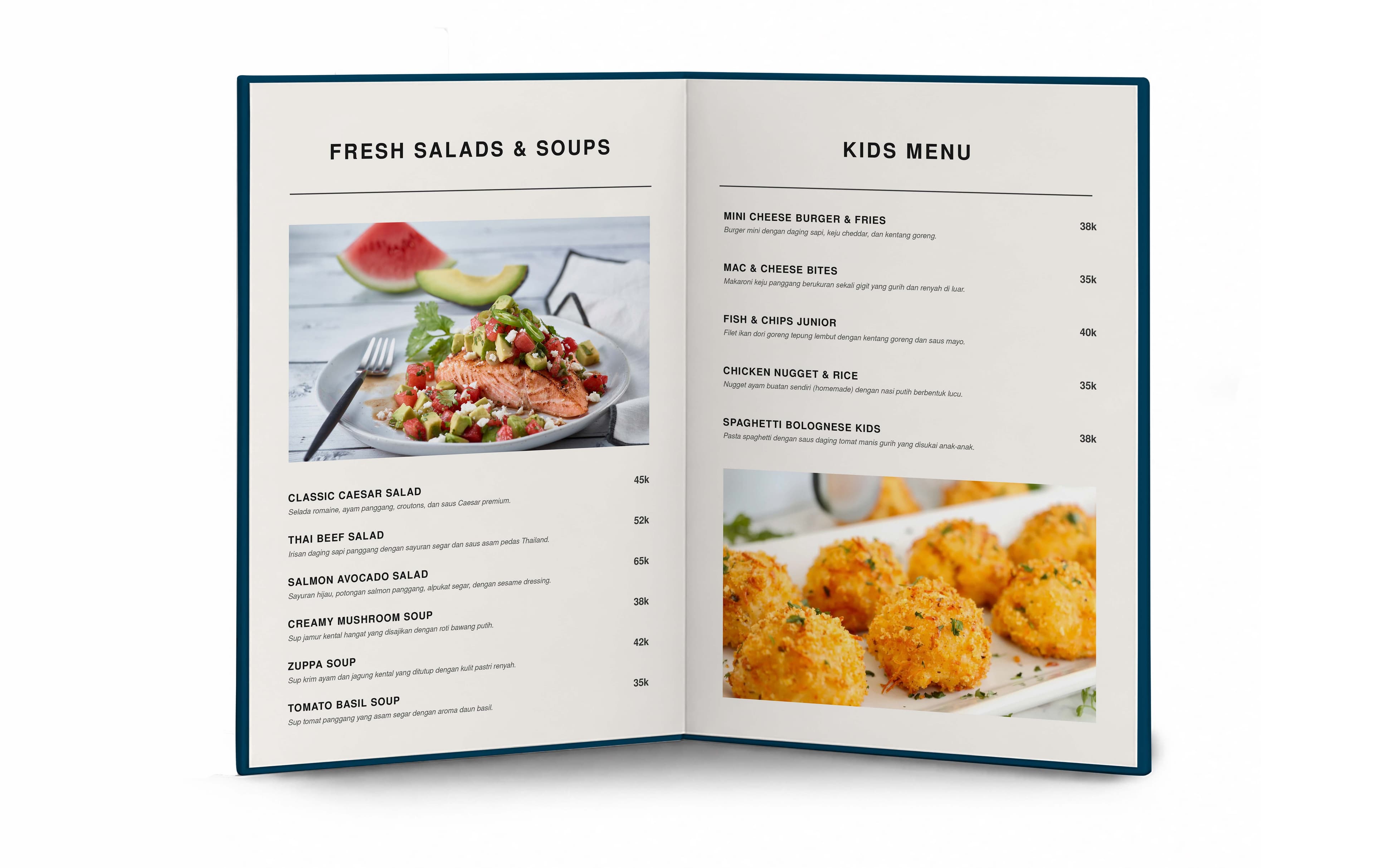 Buku Menu Restorant Hard Cover Lipat 2 Sisi Simple Dengan Warna Biru Putih - Back